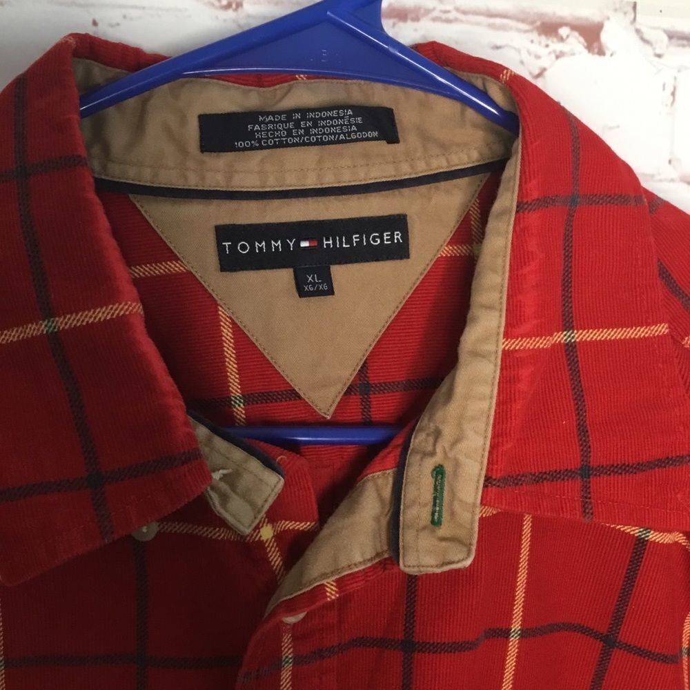 Tommy Hilfiger Mens XL Red Corduroy Windowpane Plaid Button Down Shirt L/S